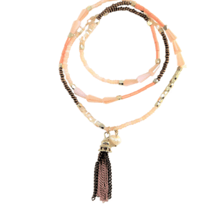 Multi-strand beaded necklace with a tassel pendant in pink and black.
