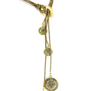 Gold pendant necklace with multiple circular charms on white background.