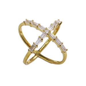 Elegant gold ring with intersecting bands and baguette diamonds.