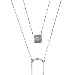 Two-layer silver necklace with a square pendant and a large open oval pendant.