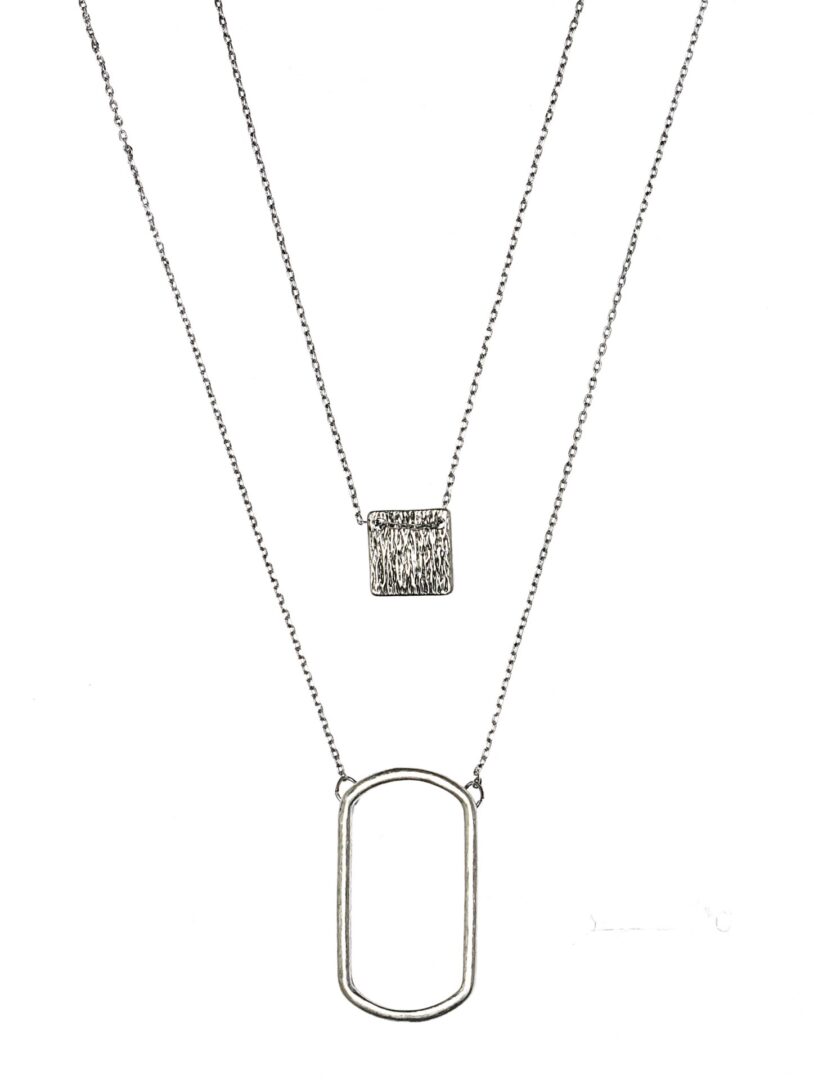 Two-layer silver necklace with a square pendant and a large open oval pendant.