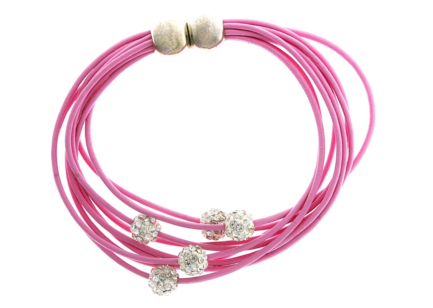 Elegant pink multi-strand bracelet with sparkling crystal charms.
