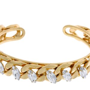Elegant gold bracelet with pear-shaped clear gemstones.