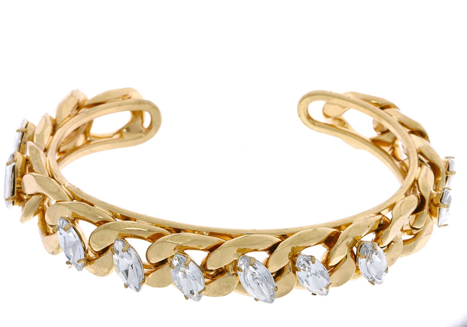 Elegant gold bracelet with pear-shaped clear gemstones.