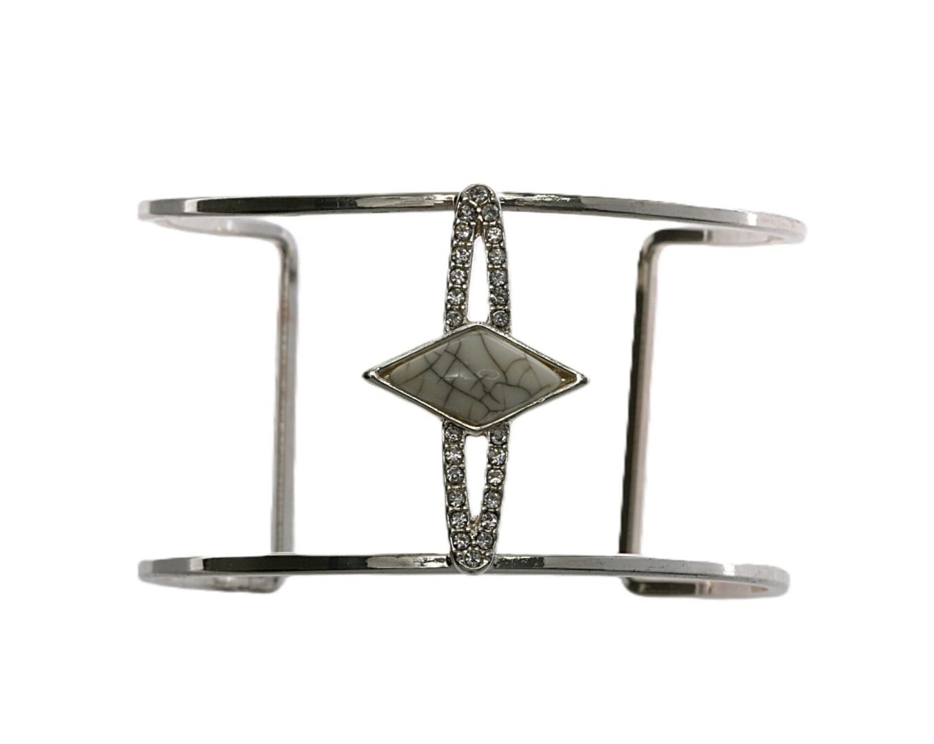 Silver cuff bracelet with a diamond-shaped centerpiece.