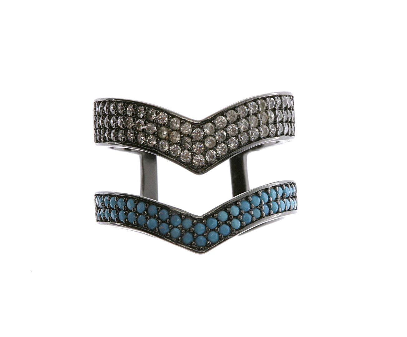 Two military chevrons, one silver and one blue, stacked.