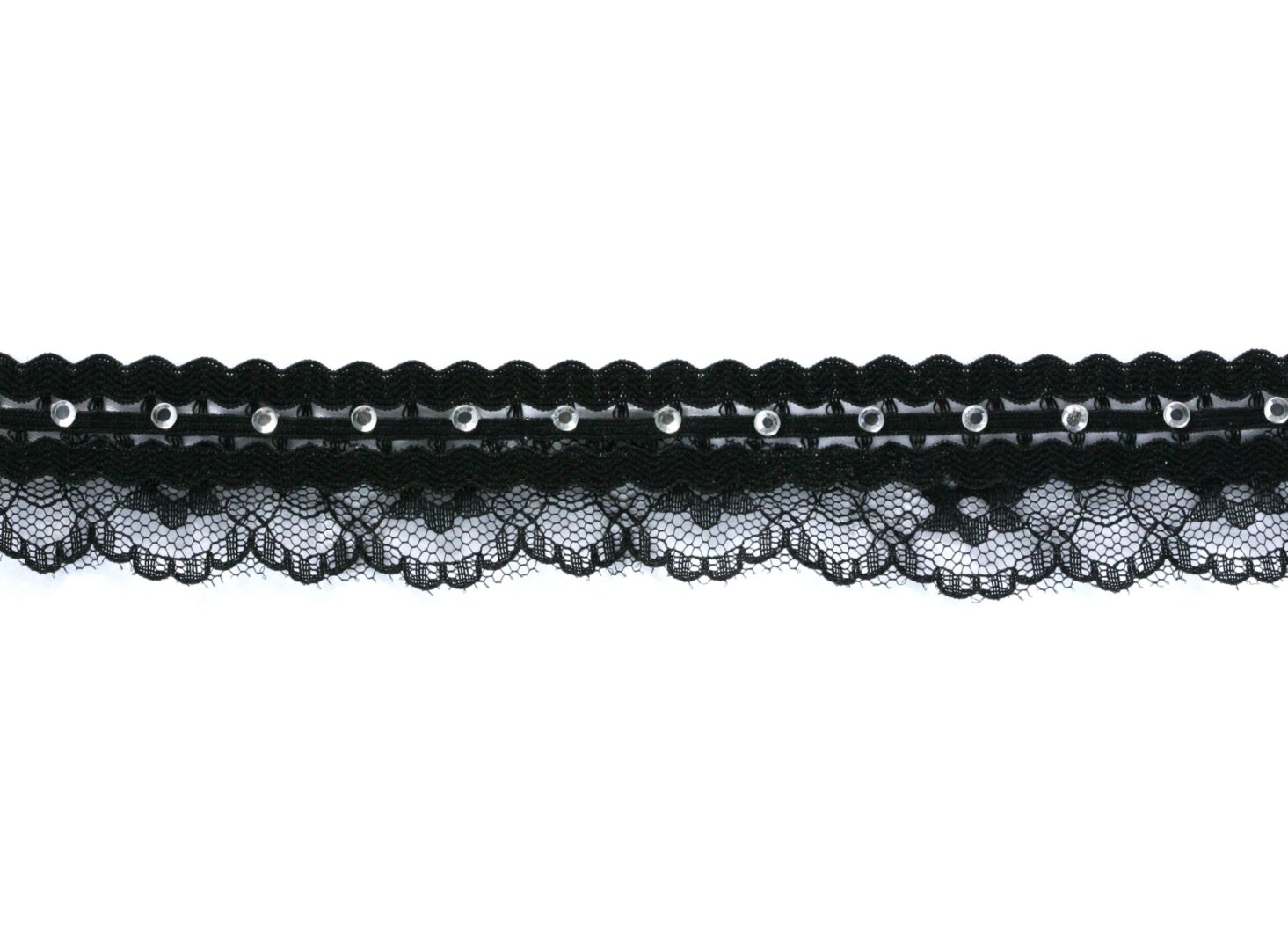 Black lace trim with intricate scalloped edges and floral patterns.