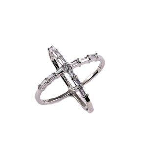 A silver cross pendant with a modern, sleek design.