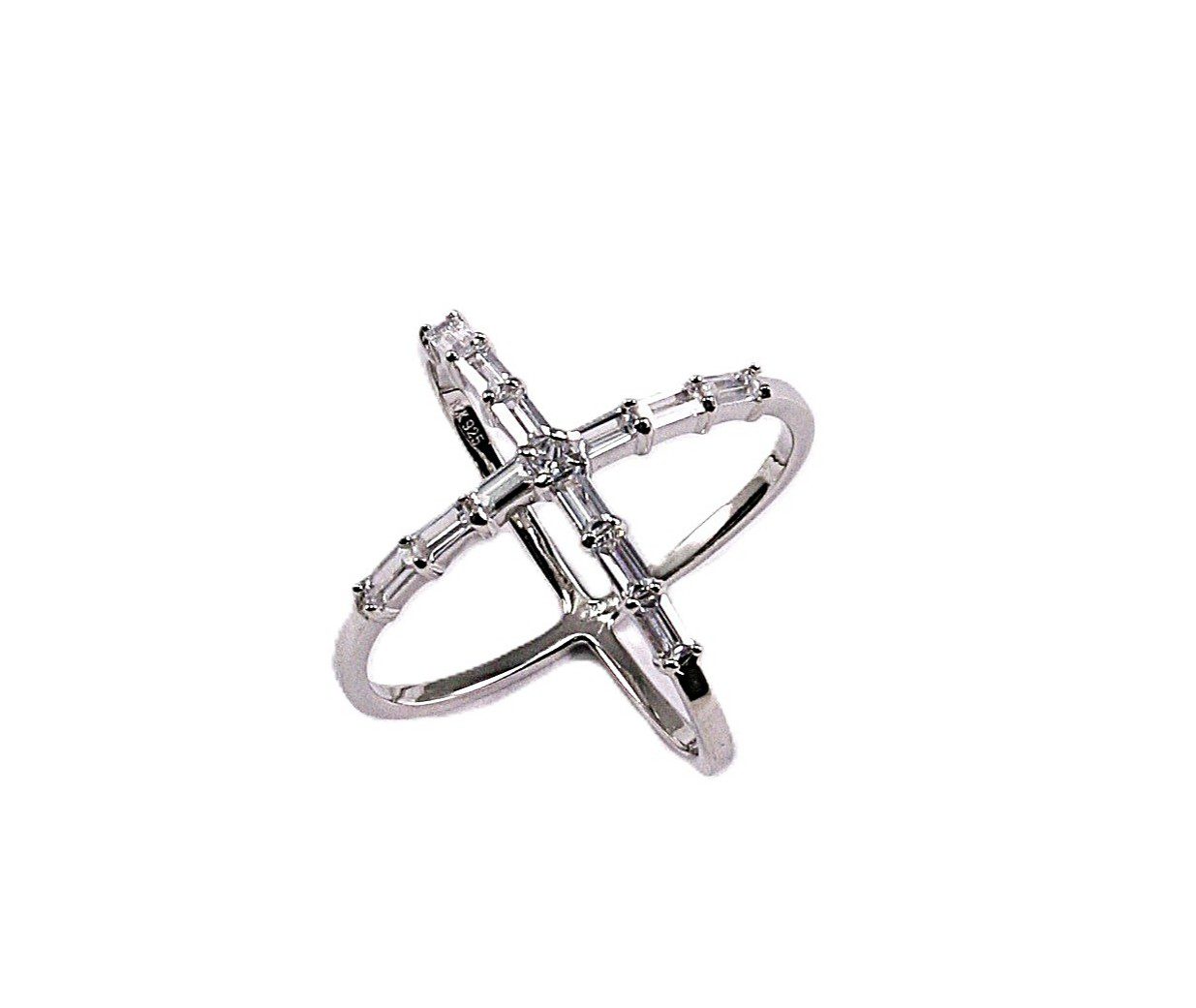 A silver cross pendant with a modern, sleek design.
