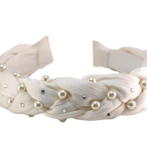 White braided headband adorned with pearls and a bow.