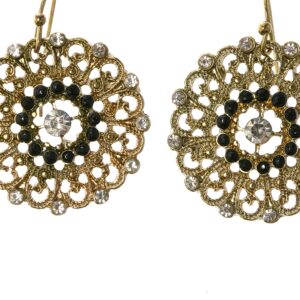 Intricate gold filigree earrings with a circular floral design.