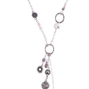 Elegant silver necklace with multiple pendants and delicate chain details.