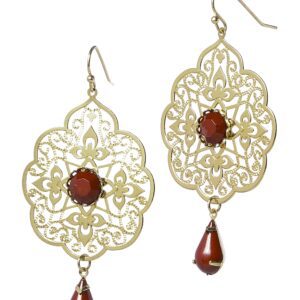 Elegant gold filigree earrings with red gemstone accents.