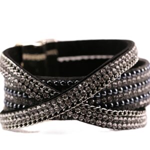 Black braided leather bracelet with metallic accents.