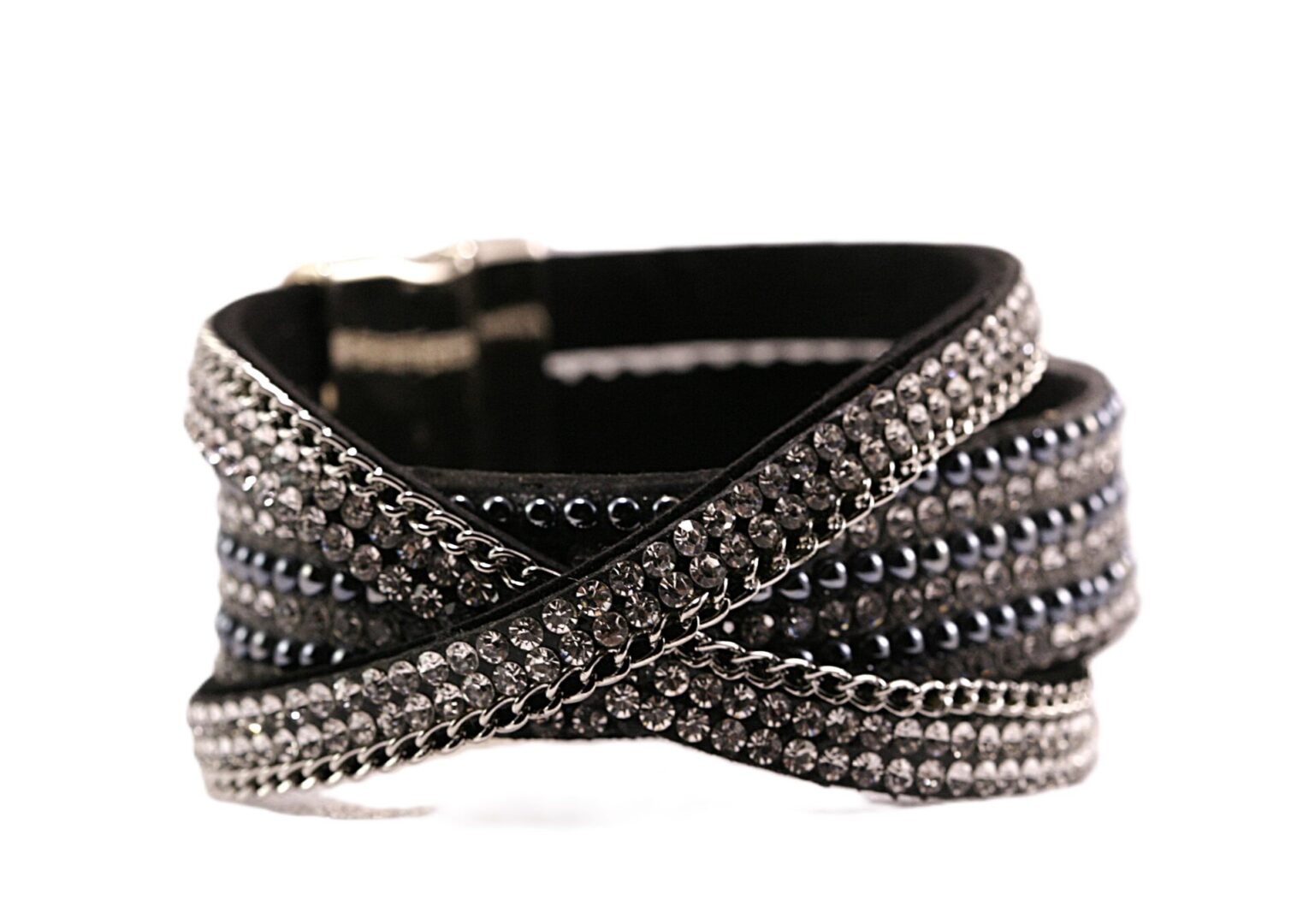 Black braided leather bracelet with metallic accents.