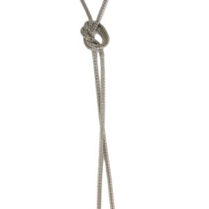 A silver pendant necklace with a knot design on a white background.