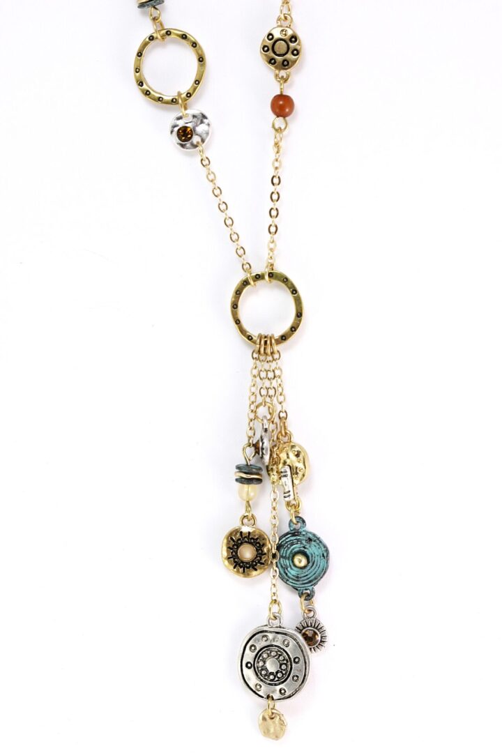 Elegant gold necklace with multiple charm pendants including a watch and flower.