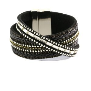 Black leather wrap bracelet with silver studs and rhinestones.
