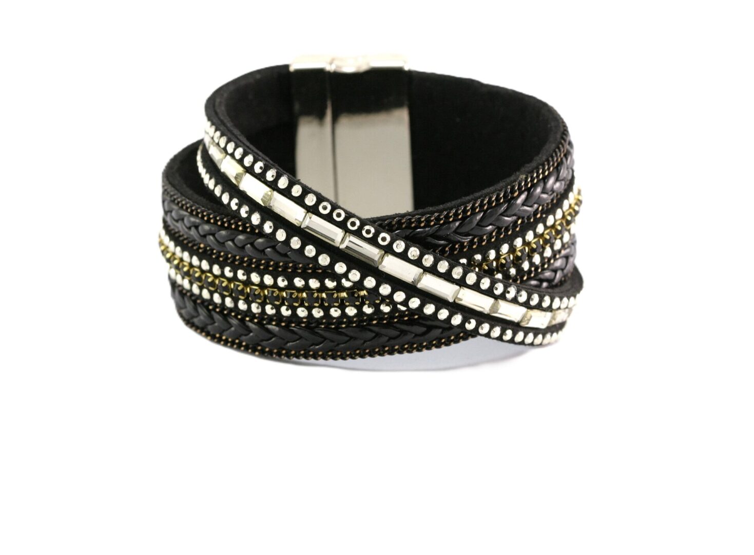 Black leather wrap bracelet with silver studs and rhinestones.