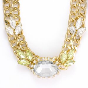 Elegant gold chain necklace with a large central gemstone and smaller surrounding stones.