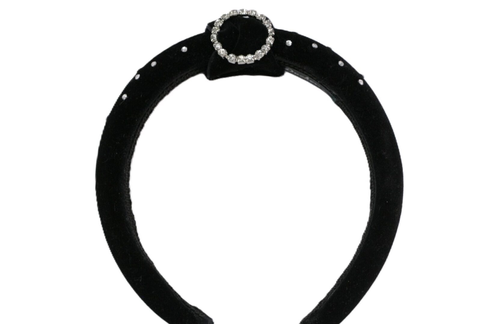 Black velvet headband with a decorative circular jewel accent.