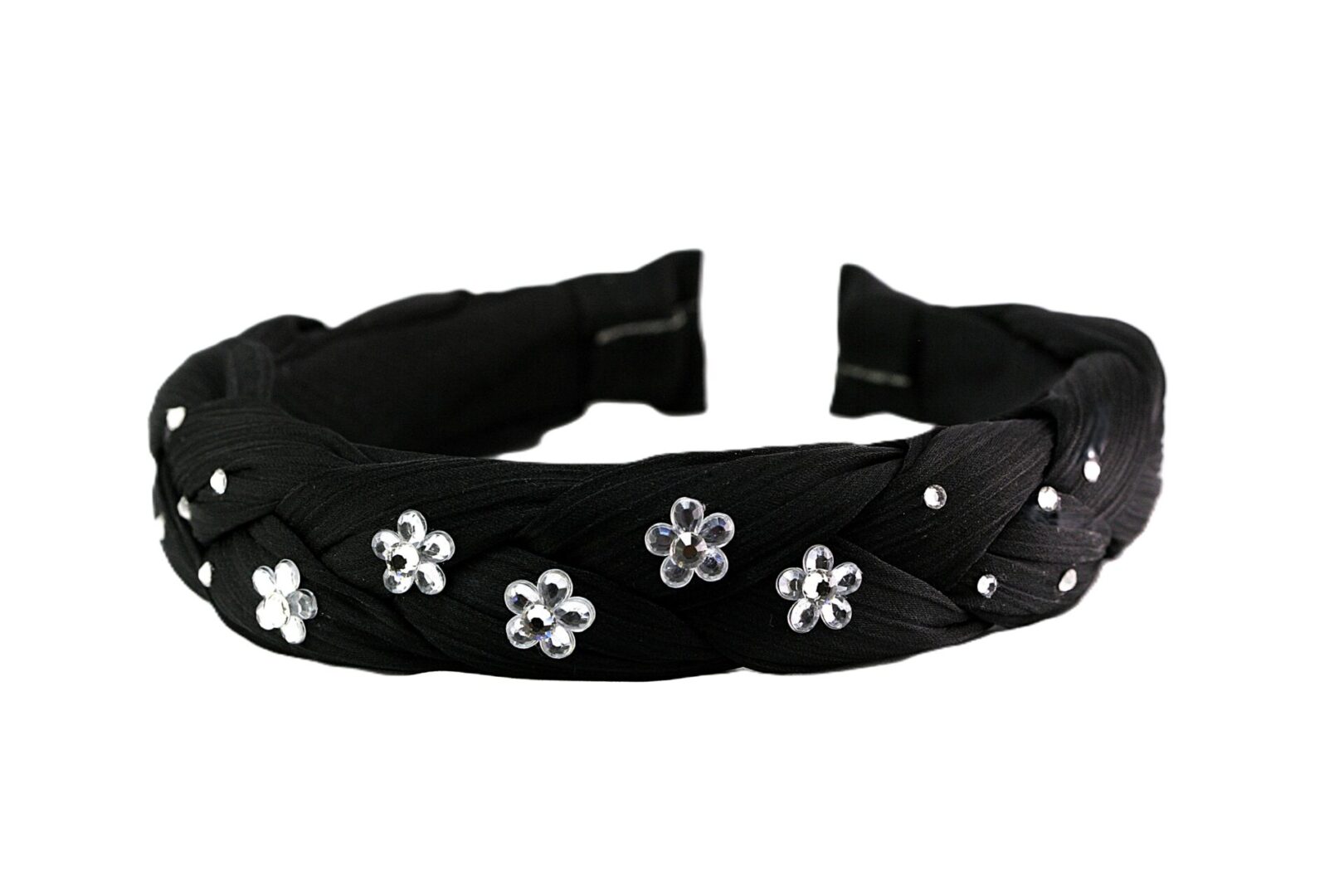 Black fabric headband with decorative flower embellishments.