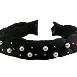 Black fabric headband with pearl embellishments.