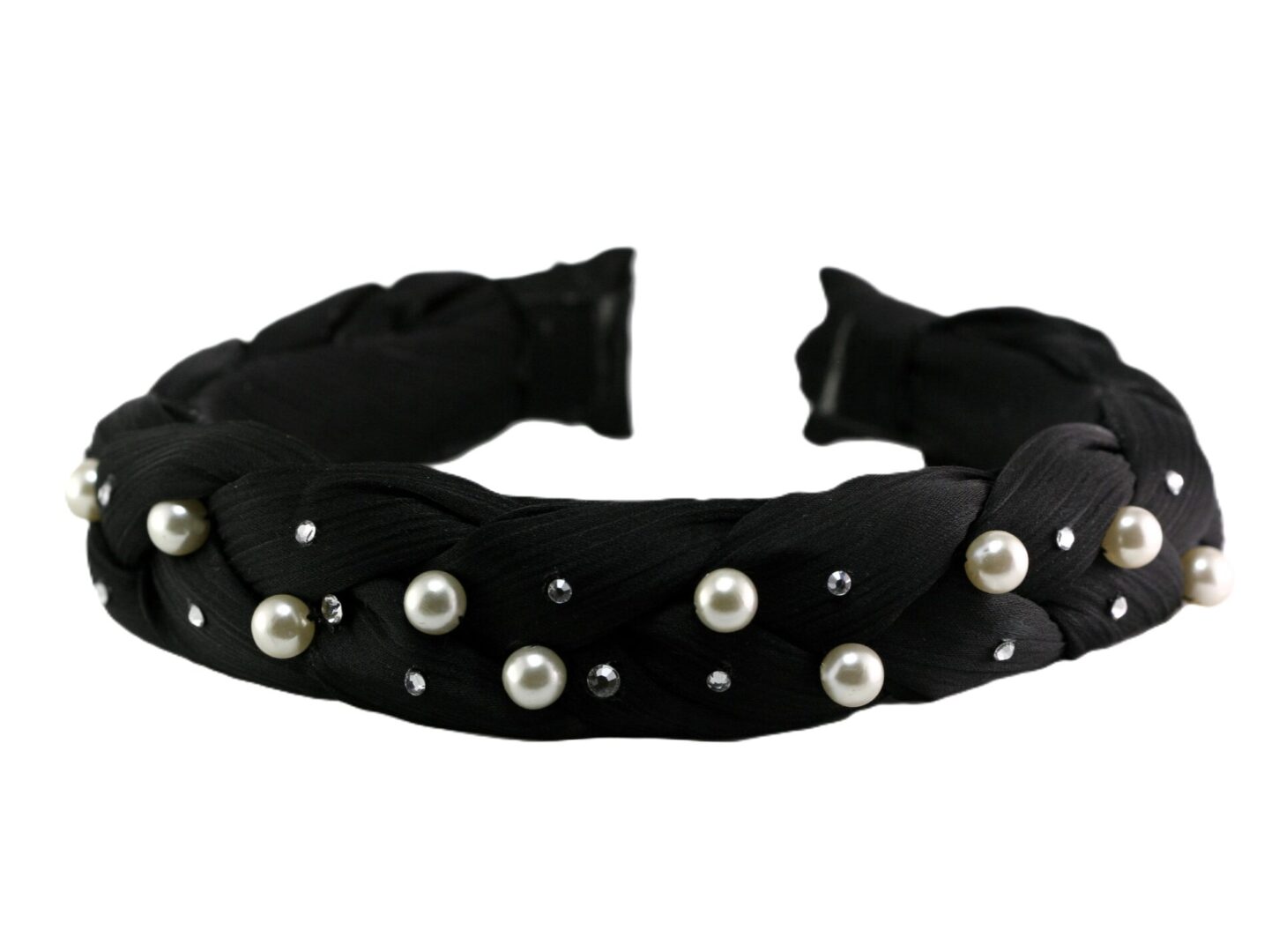 Black fabric headband with pearl embellishments.