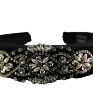 Elegant black headband adorned with sparkling rhinestones and intricate floral designs.