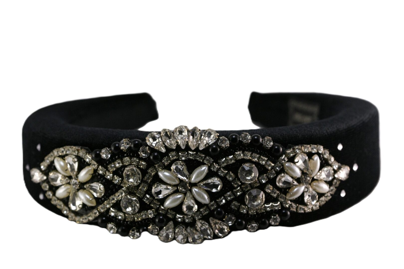 Elegant black headband adorned with sparkling rhinestones and intricate floral designs.