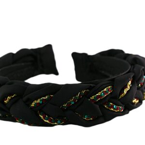Black braided headband with colorful accents and a fabric bow.