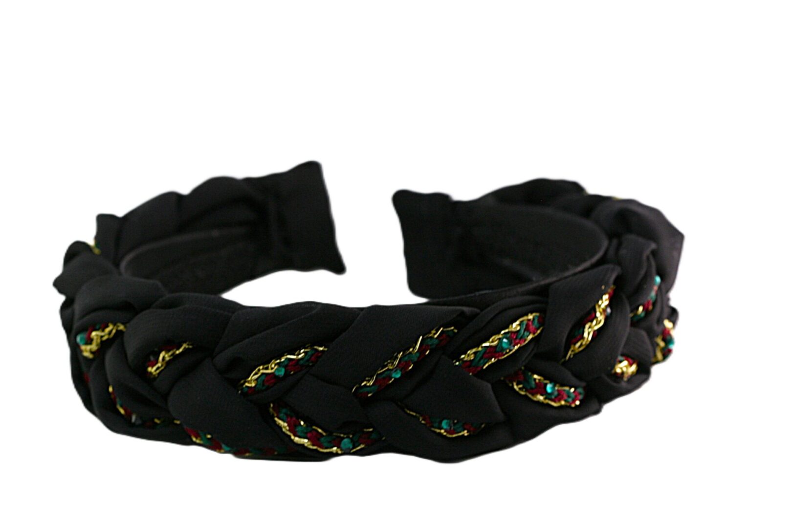 Black braided headband with colorful accents and a fabric bow.