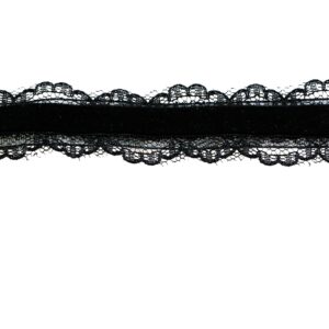 Black lace trim with scalloped edges on white background.