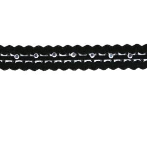 Two black lace trims with scalloped edges and a dotted pattern.