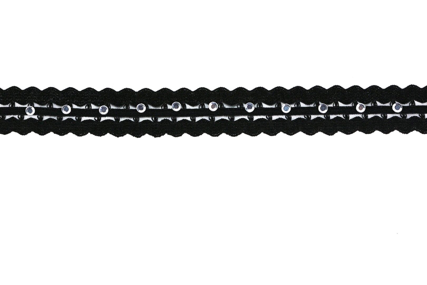 Two black lace trims with scalloped edges and a dotted pattern.
