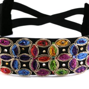 Colorful jeweled belt with black straps.