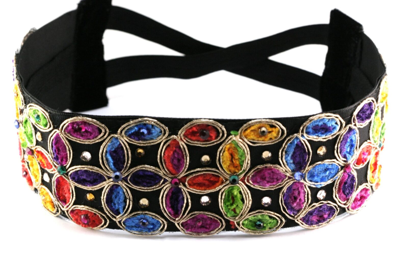 Colorful jeweled belt with black straps.