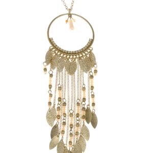 Elegant gold dreamcatcher pendant with feathers and beads.