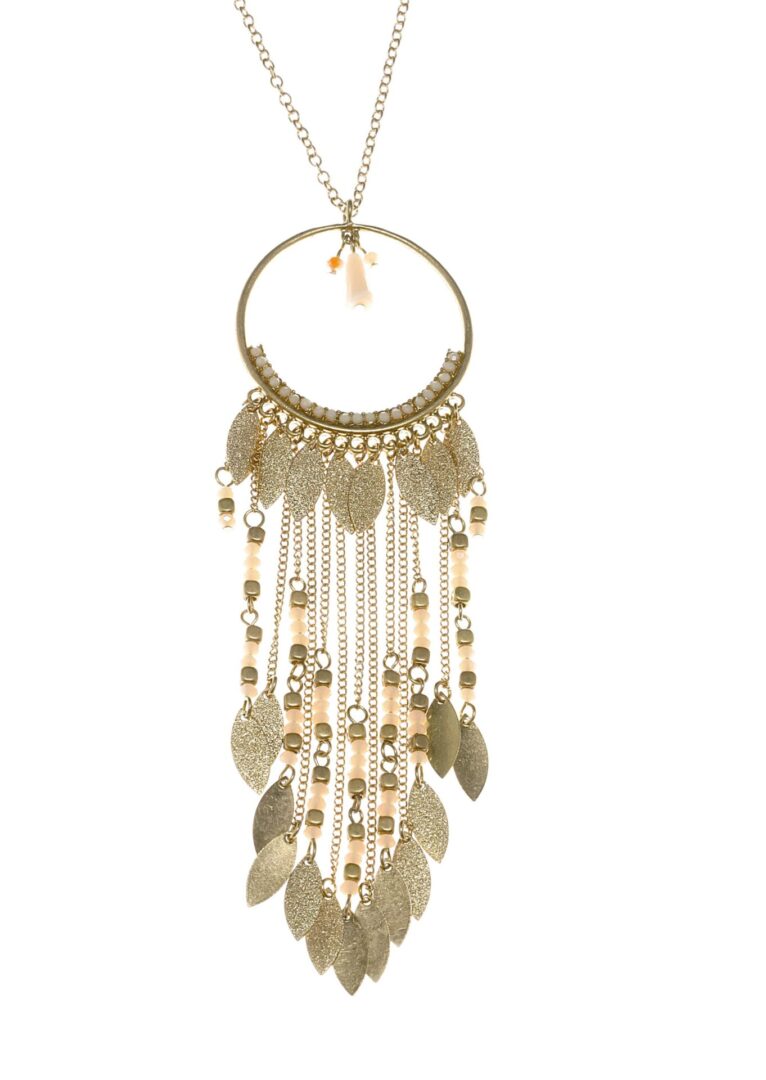 Elegant gold dreamcatcher pendant with feathers and beads.