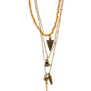 Layered necklaces with various pendants on a white background.