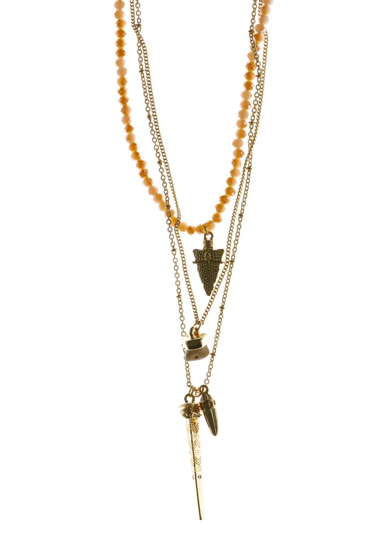 Layered necklaces with various pendants on a white background.