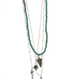 Three layered necklaces with turquoise beads and silver charms.
