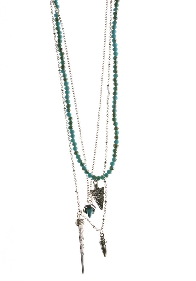 Three layered necklaces with turquoise beads and silver charms.
