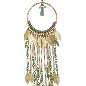 Bohemian-style dreamcatcher with beads and feathers.