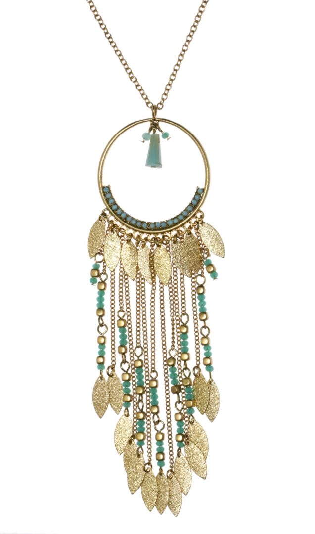Bohemian-style dreamcatcher with beads and feathers.