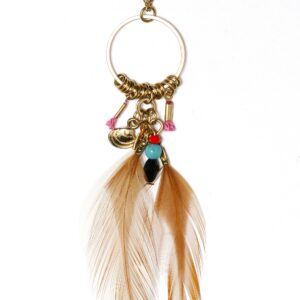 Bohemian feather and bead earring with gold hoop and colorful accents.