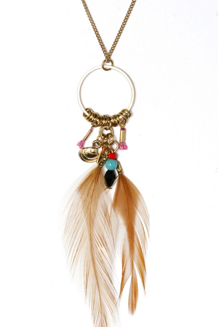 Bohemian feather and bead earring with gold hoop and colorful accents.