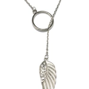 Silver necklace with a wing-shaped pendant and circular clasp.