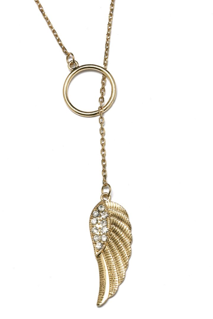 Gold keychain with a wing-shaped charm adorned with rhinestones.