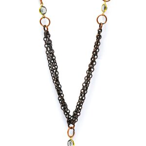 Elegant black chain necklace with gold and green bead accents.